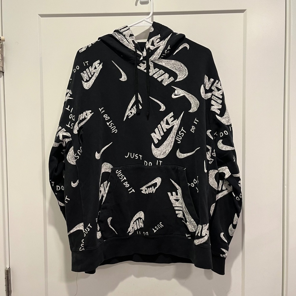 Nike Sportswear Just Do It All Over Print Hoodie Black White Scribble Logo L